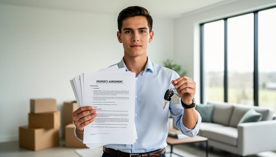 Young professional holding property documents and car keys outside a modern home