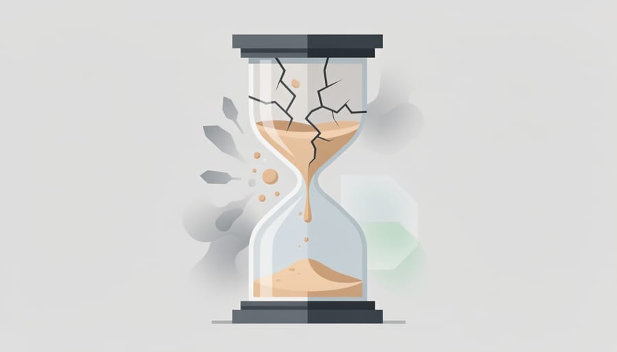 Conceptual image of a cracked hourglass with dark beads on a desk next to an open notebook