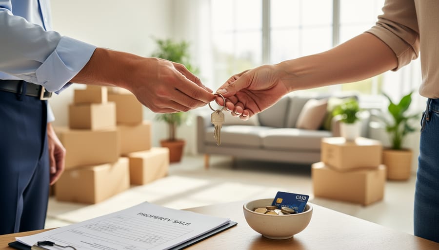 Close-up of house keys being handed over on a wooden table in an office setting