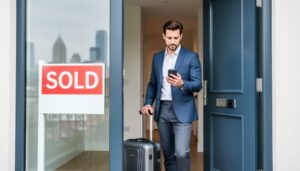 Young professional at an open front door holding a phone and suitcase with a real-estate sign in the scene, suggesting a quick property sale and career transition.