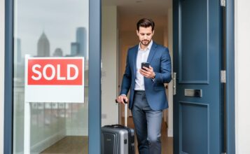 Young professional at an open front door holding a phone and suitcase with a real-estate sign in the scene, suggesting a quick property sale and career transition.