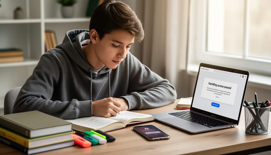Student at a desk with the phone face-down and laptop closed, showing a pause to regain control