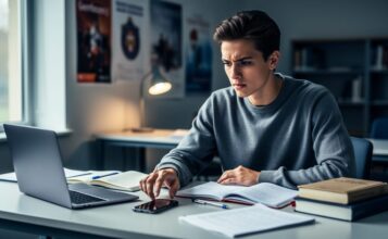 Student in a quiet study room pausing with a smartphone on the desk, surrounded by books and notes, suggesting choosing recovery and support over gambling.