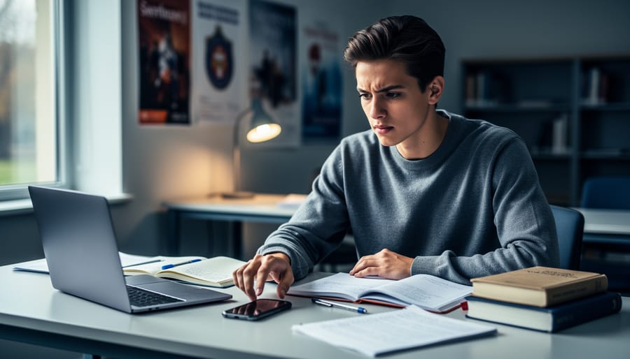 Student in a quiet study room pausing with a smartphone on the desk, surrounded by books and notes, suggesting choosing recovery and support over gambling.
