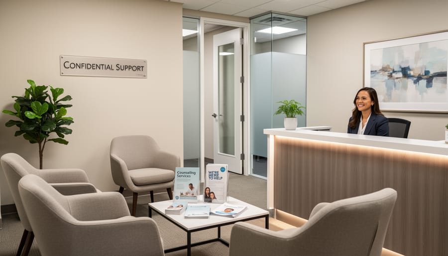 Young professional receiving a supportive gesture in a counseling office hallway