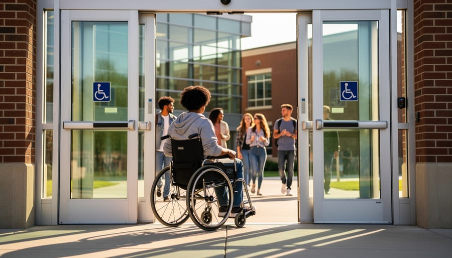 A wheelchair user approaching an accessible building entrance on a university campus.