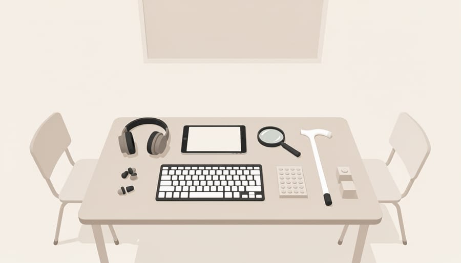 Assorted accessibility tools placed on a classroom table, representing support for disabled students.