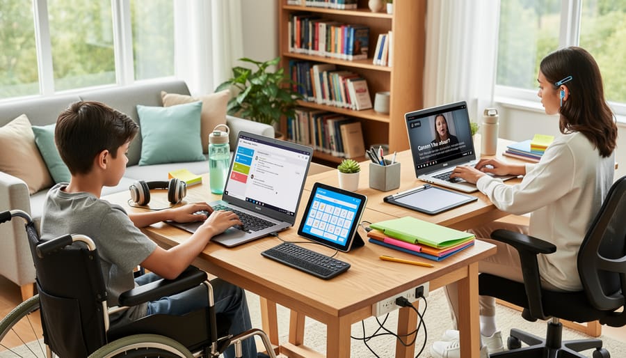 Disabled student using a laptop with assistive technology in a study room.
