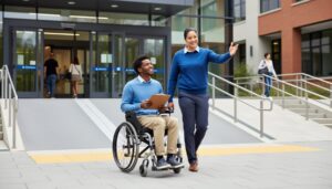 “A diverse disabled student in a wheelchair walking toward an accessible university building entrance with supportive guidance, representing equal access in higher education.”
