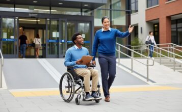 “A diverse disabled student in a wheelchair walking toward an accessible university building entrance with supportive guidance, representing equal access in higher education.”