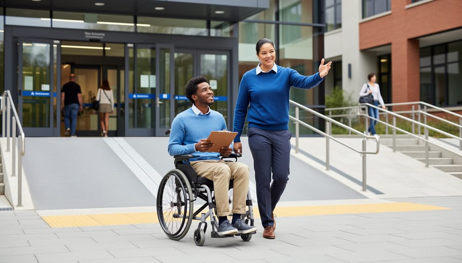 “A diverse disabled student in a wheelchair walking toward an accessible university building entrance with supportive guidance, representing equal access in higher education.”