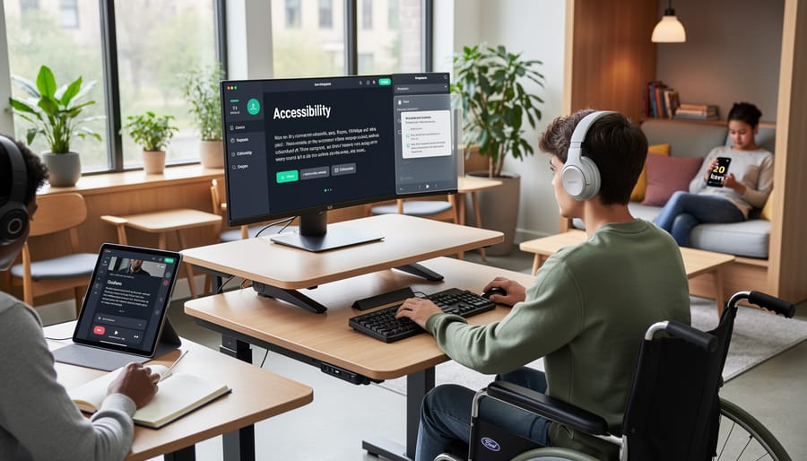 Headphones and learning devices arranged on a desk in a home workspace