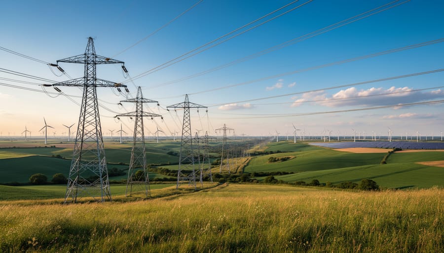 High-voltage transmission tower and power lines under golden hour lighting with distant clean energy equipment.