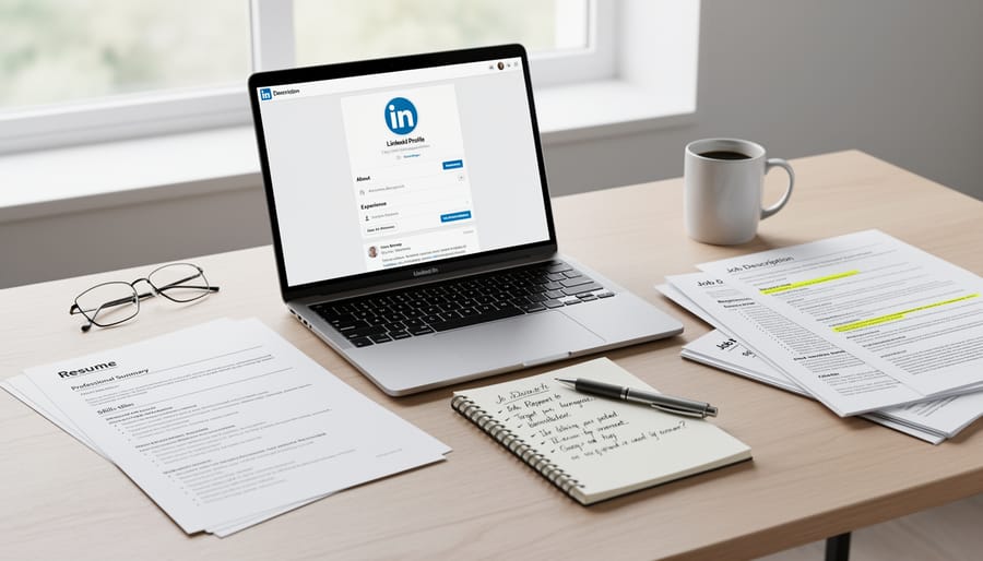 Laptop and resume pages on a desk with a phone nearby, representing preparation for LinkedIn profile optimization.