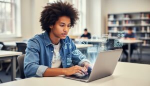 Diverse student using a laptop in a university study area, with soft non-text visual cues suggesting accessible online learning for people with disabilities.