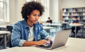 Diverse student using a laptop in a university study area, with soft non-text visual cues suggesting accessible online learning for people with disabilities.