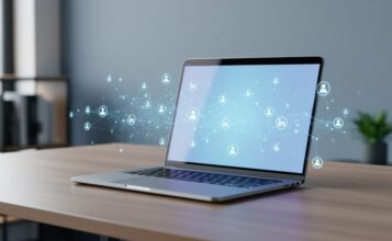 Laptop on a desk with a subtle blue connected-network glow representing LinkedIn profile optimization for job search.