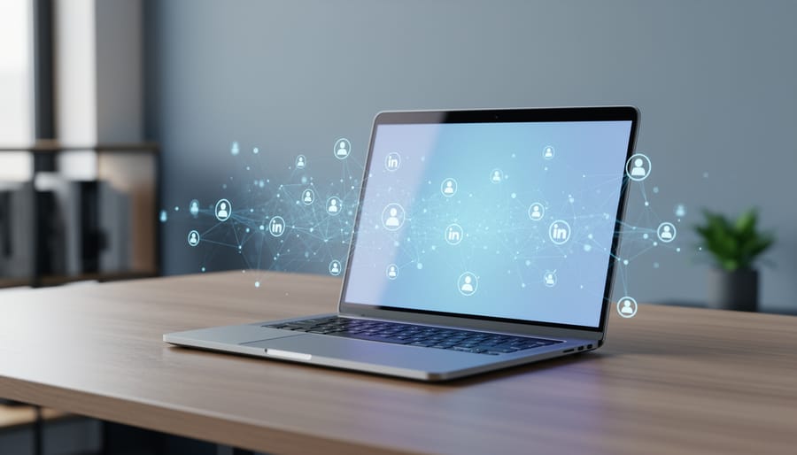 Laptop on a desk with a subtle blue connected-network glow representing LinkedIn profile optimization for job search.