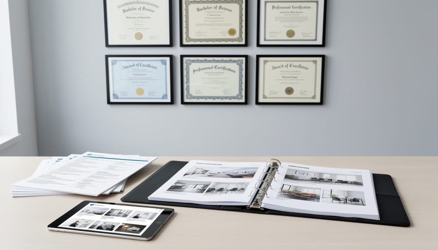 Organized portfolio and certification materials on a wooden table, illustrating credibility-building additions to a profile.