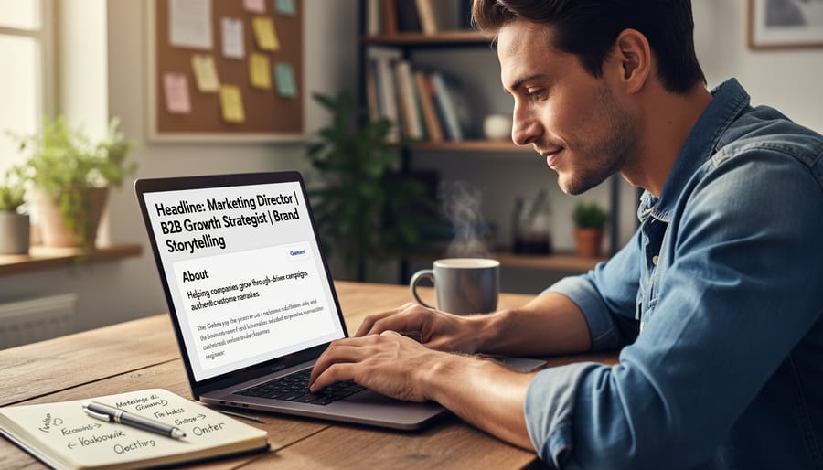 Person writing notes beside a laptop, representing crafting a searchable LinkedIn headline and summary.