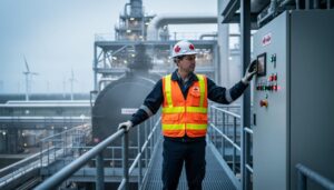 Power engineer in safety gear standing in an industrial energy facility with boiler and pressure equipment in view and wind turbines blurred in the distance