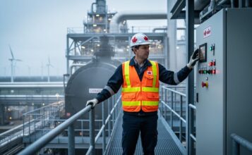 Power engineer in safety gear standing in an industrial energy facility with boiler and pressure equipment in view and wind turbines blurred in the distance
