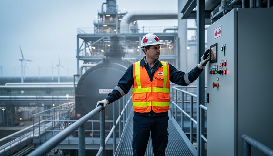 Power engineer in safety gear standing in an industrial energy facility with boiler and pressure equipment in view and wind turbines blurred in the distance
