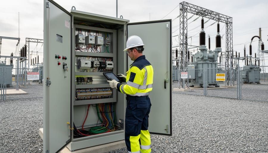 Power engineer in a hard hat inspecting electrical control equipment in a substation.