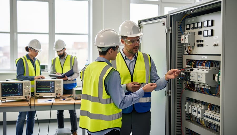 Student and mentor reviewing a power engineering training setup in a workshop environment.