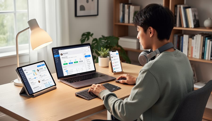 Student using a laptop and smartphone at a desk in natural light