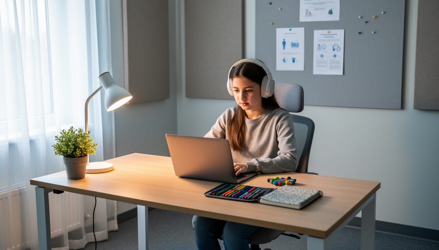 Student with noise-reducing headphones studying in a quiet university library setting.