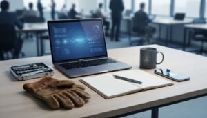 Modern desk with a laptop, toolkit and work glove, sketchbook, and smartphone, representing nontraditional career paths.
