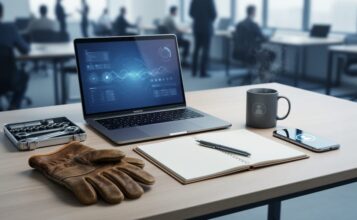 Modern desk with a laptop, toolkit and work glove, sketchbook, and smartphone, representing nontraditional career paths.
