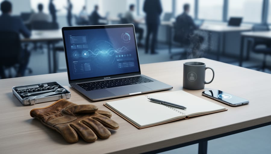 Modern desk with a laptop, toolkit and work glove, sketchbook, and smartphone, representing nontraditional career paths.