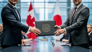 “Close-up of officials shaking hands with a folder on a conference table in a government setting with blurred flags in the background.”