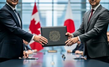 “Close-up of officials shaking hands with a folder on a conference table in a government setting with blurred flags in the background.”