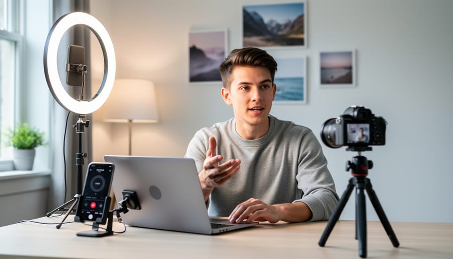 Young person filming a vertical video on a smartphone with a ring light and microphone on a desk.
