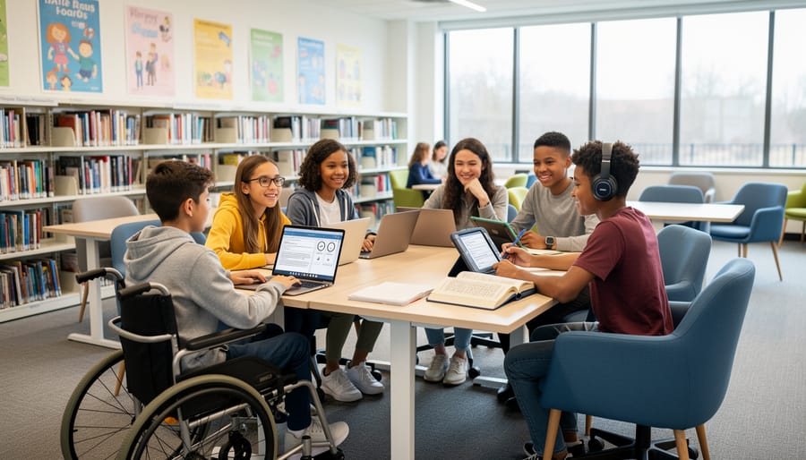 Diverse students using assistive devices like a braille note-taker and headphones at a campus library table.