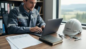 Engineer and geoscientist reviewing continuing education records on a laptop with technical tools and a field notebook on a desk in an office near a window.