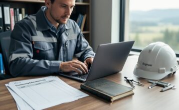 Engineer and geoscientist reviewing continuing education records on a laptop with technical tools and a field notebook on a desk in an office near a window.