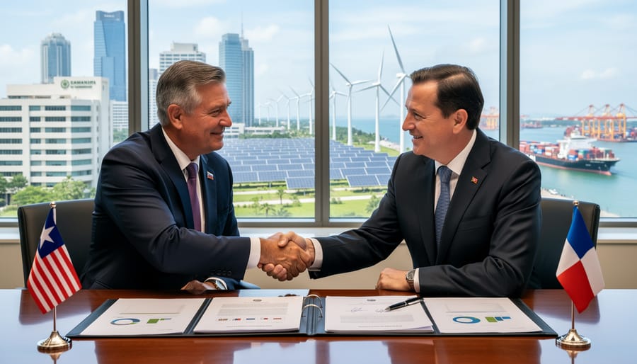 Formal handshake with leaders’ hands exchanging a sealed folder in a conference room
