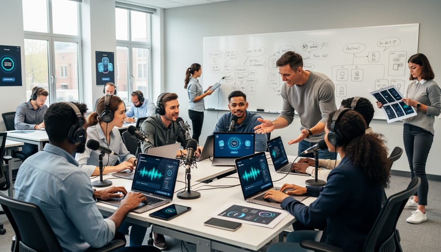 Group of students collaborating around a laptop in a modern training classroom