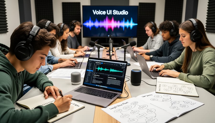 Hands using notes and studio headphones next to a digital recorder on a desk