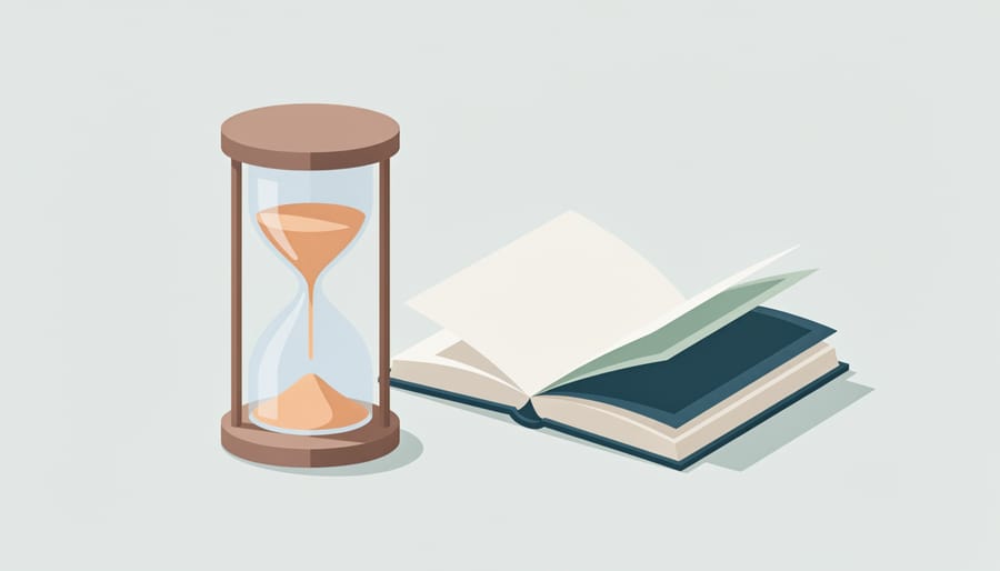 Open notebook with an hourglass and wristwatch on a desk