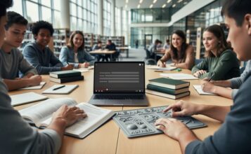 Diverse students collaborating in a modern library with accessible learning materials like an open laptop and large-print resources.