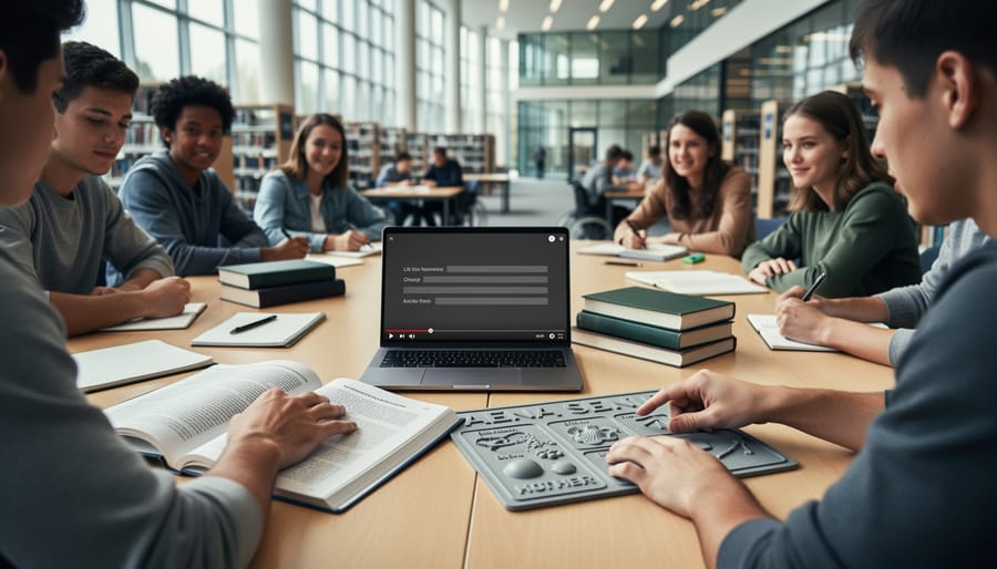 Diverse students collaborating in a modern library with accessible learning materials like an open laptop and large-print resources.
