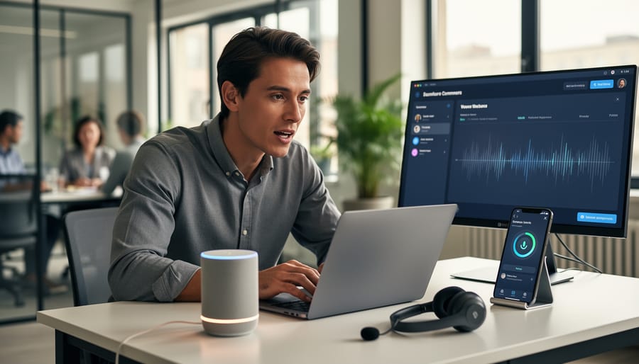 Person speaking into a headset while a smart speaker sits on a desk