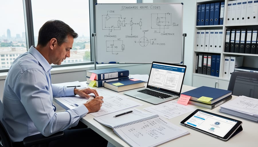 An engineer reviewing schematics at a desk with a laptop and documents