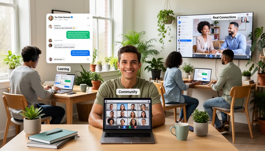 Young professionals collaborating in a co-working space while on a video call