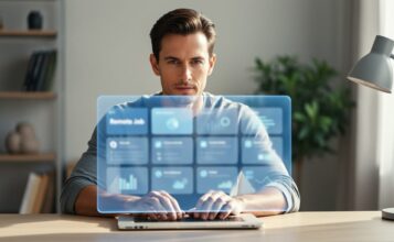 Person working on a laptop at a home desk with a softly glowing virtual remote job board panel shown above the keyboard through blurred icons.
